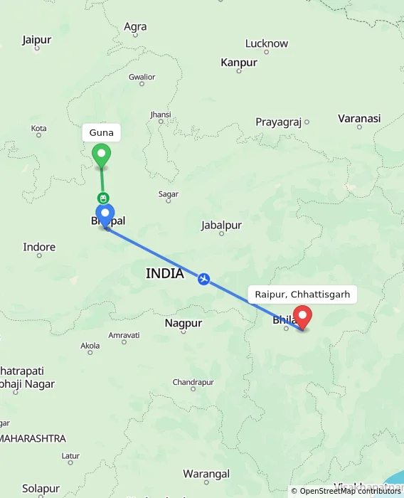 Route map showing distance and travel time from Guna, India to Raipur, Chhattisgarh, India