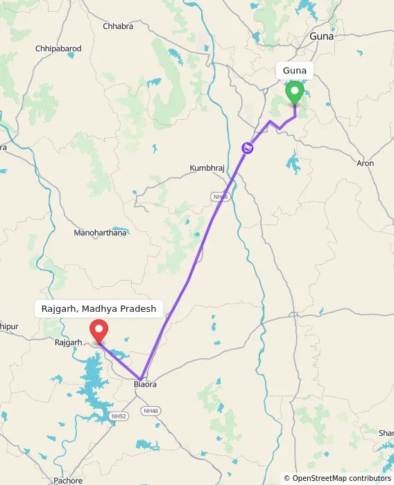 Route map showing distance and travel time from Guna, India to Rajgarh, Madhya Pradesh, India