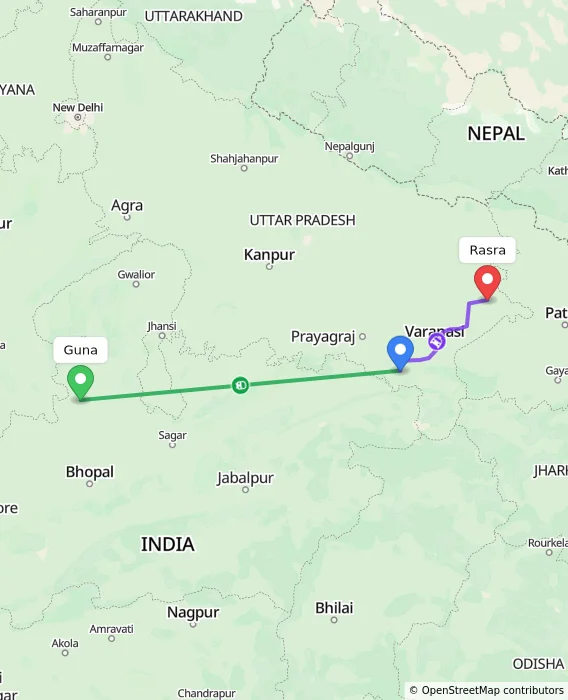 Route map showing distance and travel time from Guna, India to Rasra, India