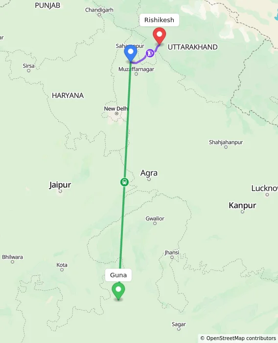 Route map showing distance and travel time from Guna, India to Rishikesh, India