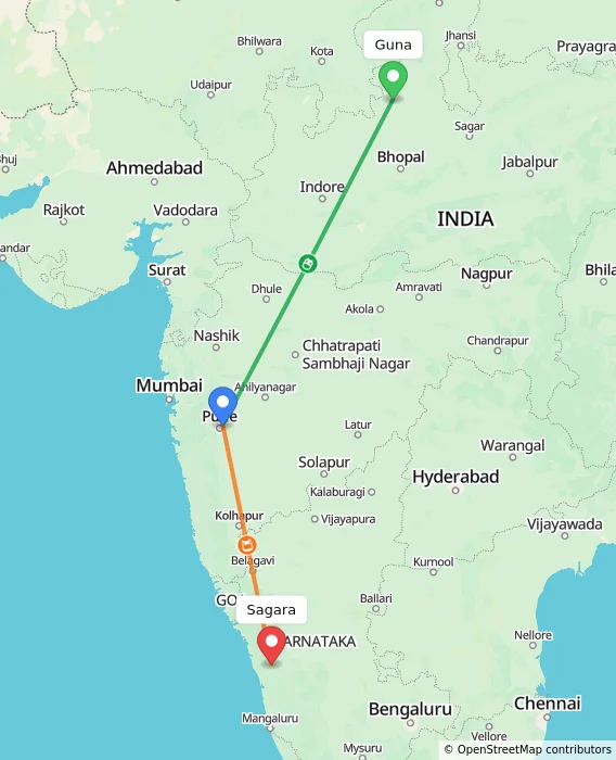 Route map showing distance and travel time from Guna, India to Sagara, India