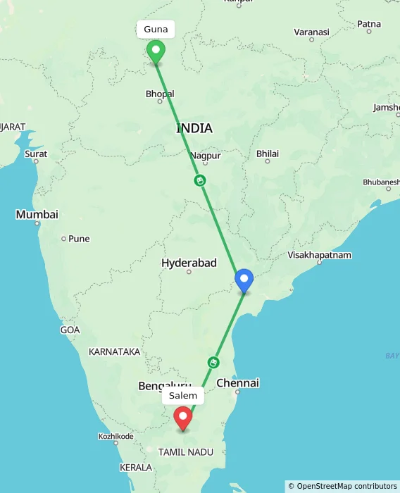 Route map showing distance and travel time from Guna, India to Salem, India