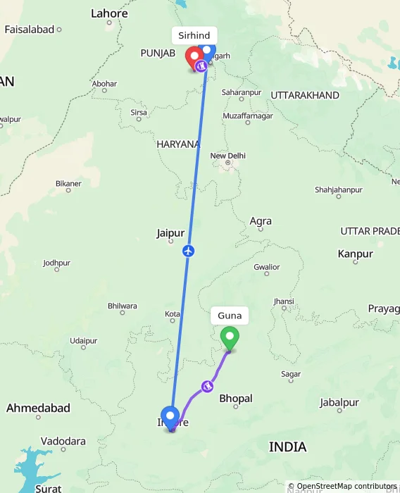 Route map showing distance and travel time from Guna, India to Sirhind, India