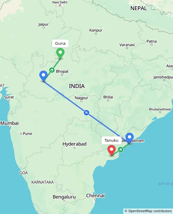 Route map showing distance and travel time from Guna, India to Tanuku, India