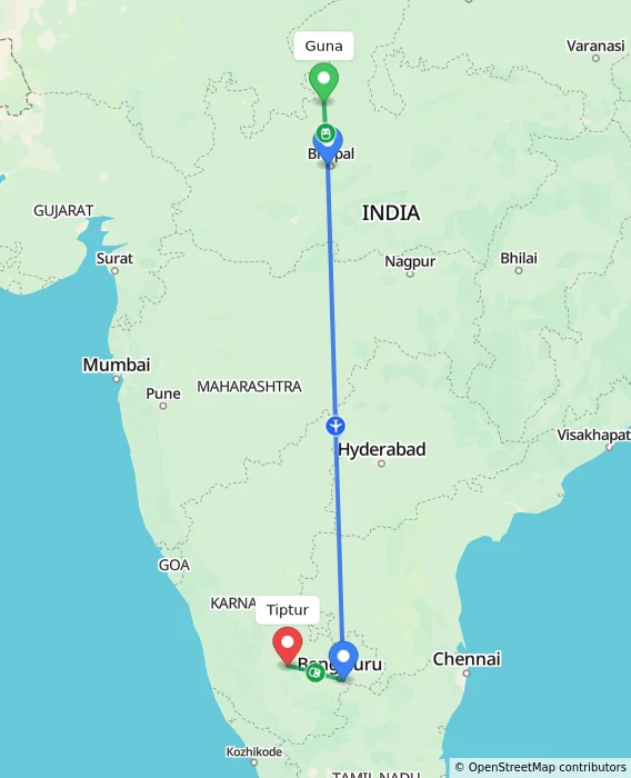 Route map showing distance and travel time from Guna, India to Tiptur, India