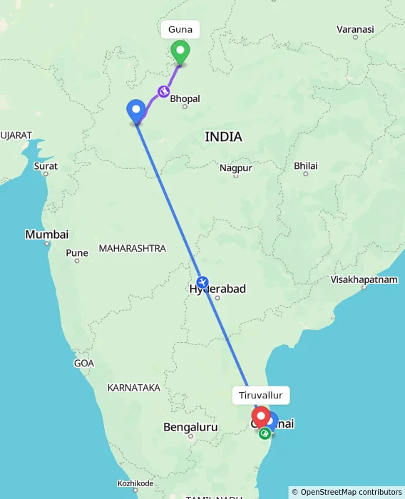 Route map showing distance and travel time from Guna, India to Tiruvallur, India