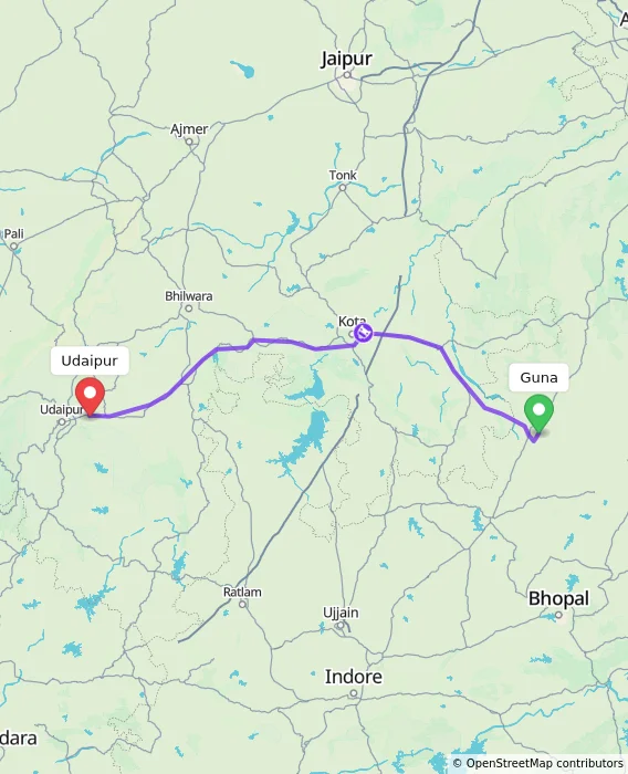Route map showing distance and travel time from Guna, India to Udaipur, India