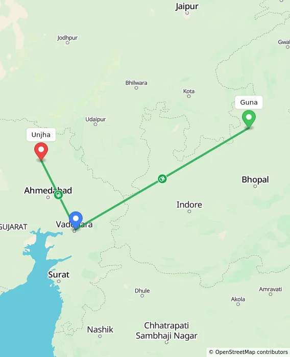 Route map showing distance and travel time from Guna, India to Unjha, India