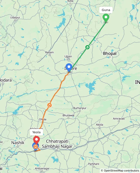 Route map showing distance and travel time from Guna, India to Yeola, India