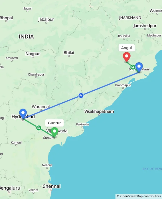 Route map showing distance and travel time from Guntur, India to Angul, India
