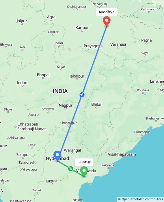 Route map showing distance and travel time from Guntur, India to Ayodhya, India