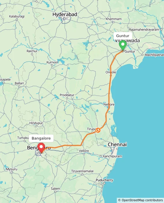 Route map showing distance and travel time from Guntur, India to Bangalore, India