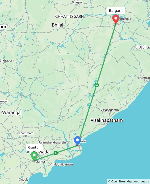 Route map showing distance and travel time from Guntur, India to Bargarh, India