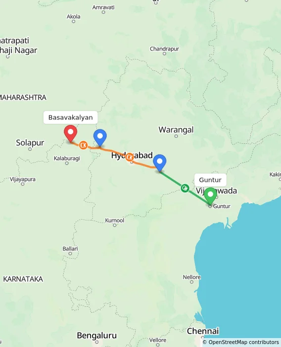 Route map showing distance and travel time from Guntur, India to Basavakalyan, India