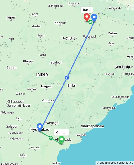 Route map showing distance and travel time from Guntur, India to Basti, India