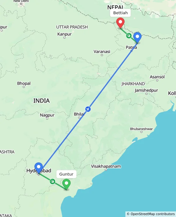 Route map showing distance and travel time from Guntur, India to Bettiah, India