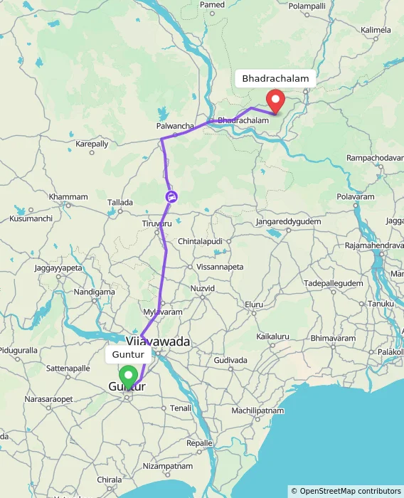 Route map showing distance and travel time from Guntur, India to Bhadrachalam, India