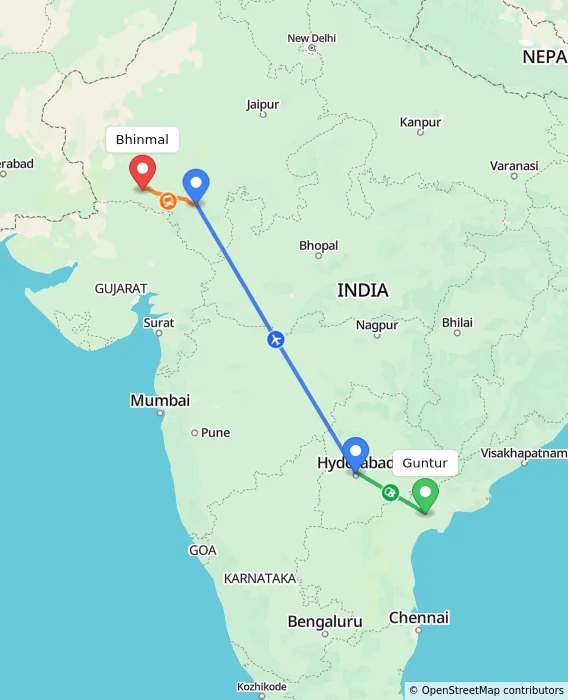 Route map showing distance and travel time from Guntur, India to Bhinmal, India
