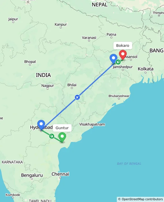 Route map showing distance and travel time from Guntur, India to Bokaro, India
