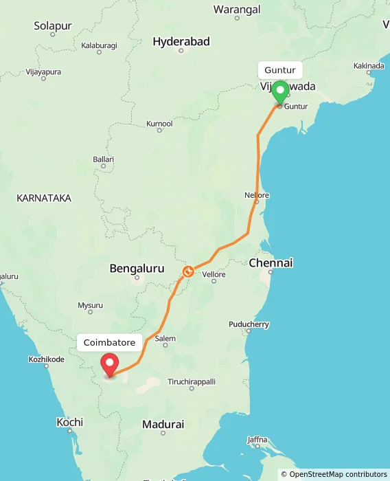 Route map showing distance and travel time from Guntur, India to Coimbatore, India