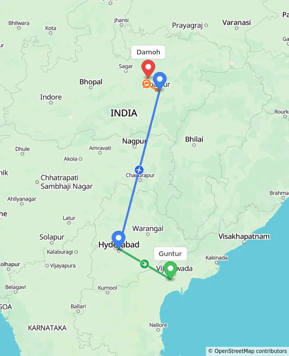 Route map showing distance and travel time from Guntur, India to Damoh, India