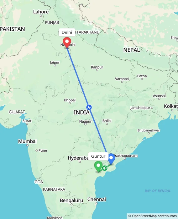 Route map showing distance and travel time from Guntur, India to Delhi, India