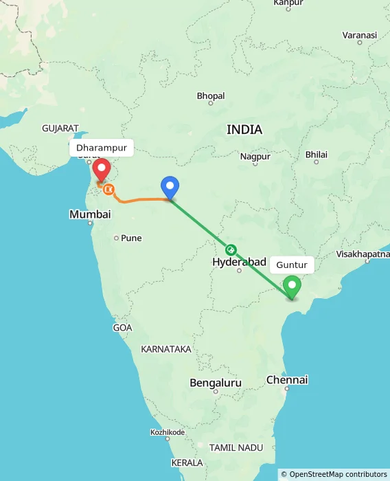 Route map showing distance and travel time from Guntur, India to Dharampur, India
