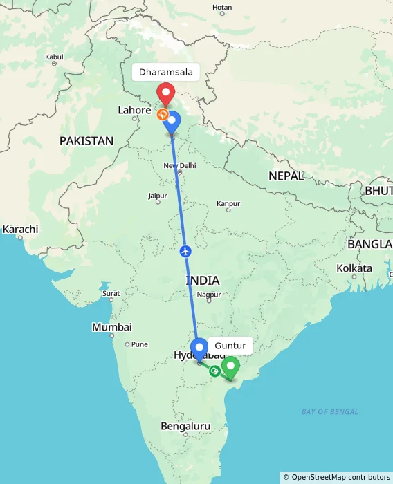 Route map showing distance and travel time from Guntur, India to Dharamsala, India