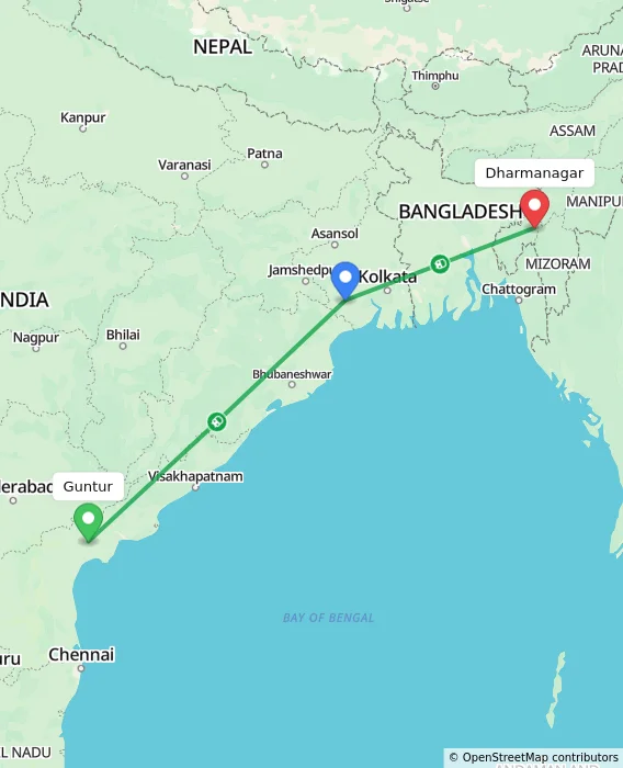 Route map showing distance and travel time from Guntur, India to Dharmanagar, India