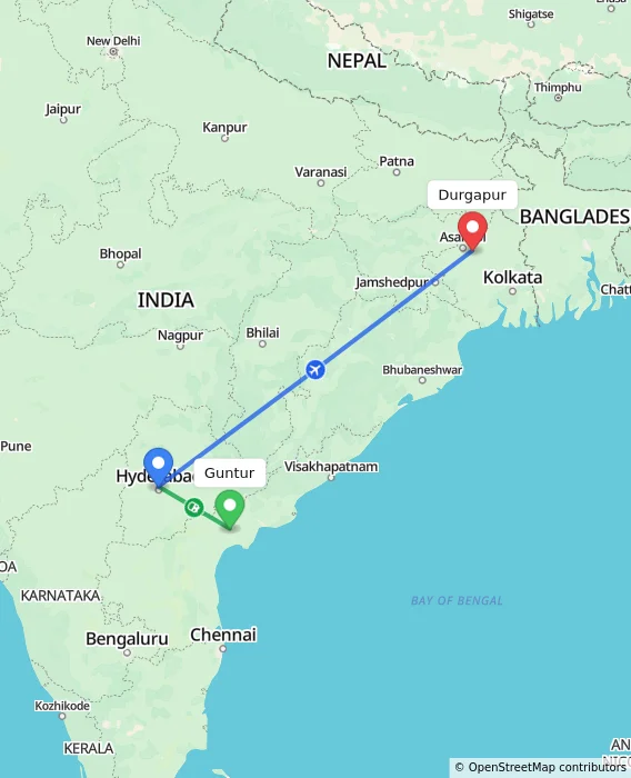 Route map showing distance and travel time from Guntur, India to Durgapur, India