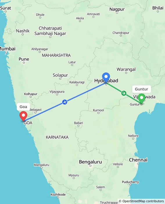 Route map showing distance and travel time from Guntur, India to Goa, India
