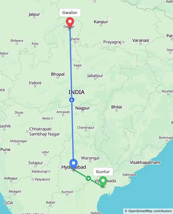 Route map showing distance and travel time from Guntur, India to Gwalior, India