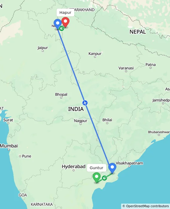 Route map showing distance and travel time from Guntur, India to Hapur, India