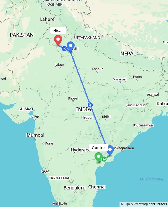 Route map showing distance and travel time from Guntur, India to Hisar, India