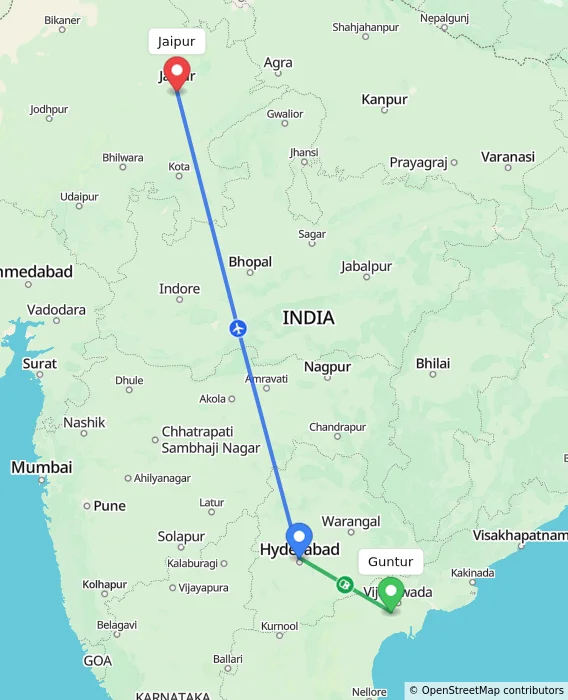Route map showing distance and travel time from Guntur, India to Jaipur, India