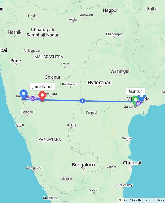 Route map showing distance and travel time from Guntur, India to Jamkhandi, India
