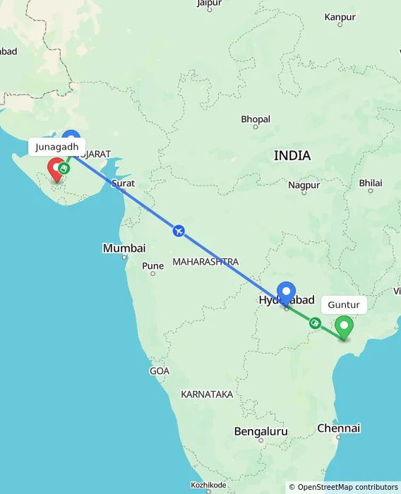 Route map showing distance and travel time from Guntur, India to Junagadh, India