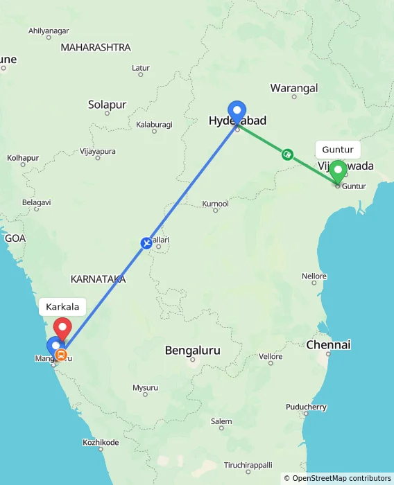 Route map showing distance and travel time from Guntur, India to Karkala, India