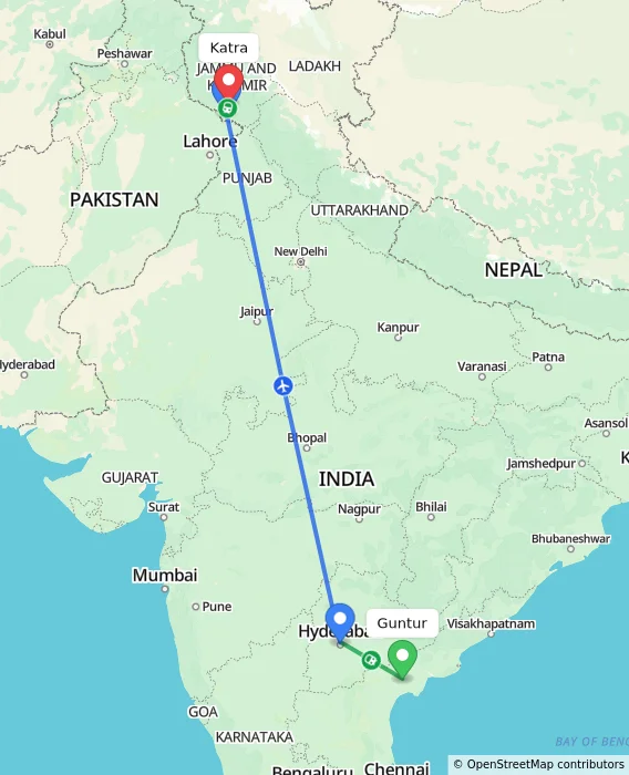 Route map showing distance and travel time from Guntur, India to Katra, India