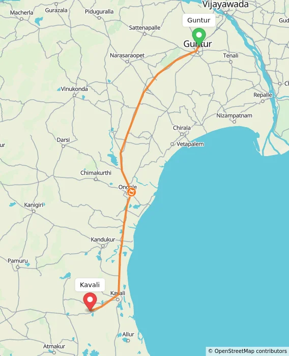 Route map showing distance and travel time from Guntur, India to Kavali, India