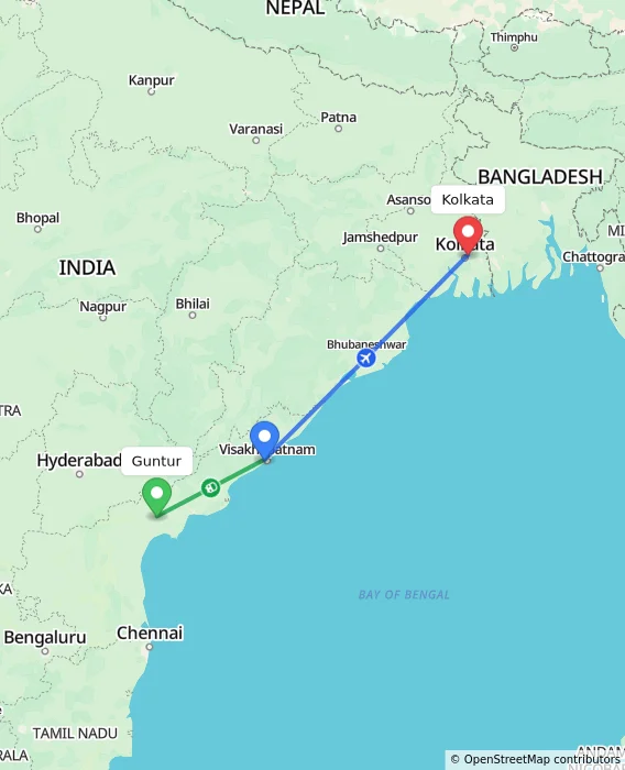 Route map showing distance and travel time from Guntur, India to Kolkata, India