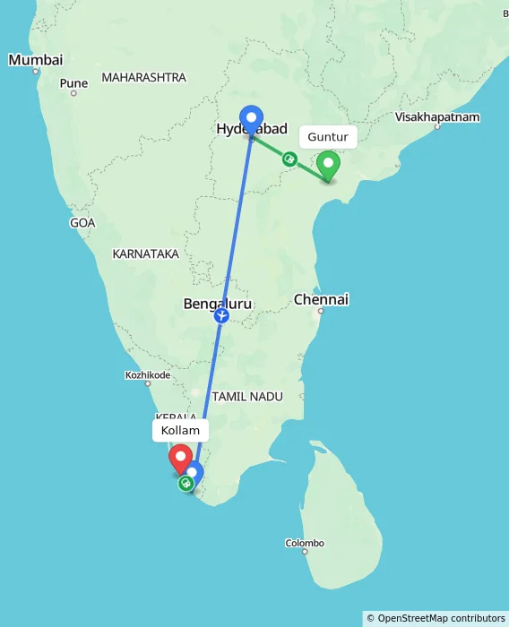 Route map showing distance and travel time from Guntur, India to Kollam, India