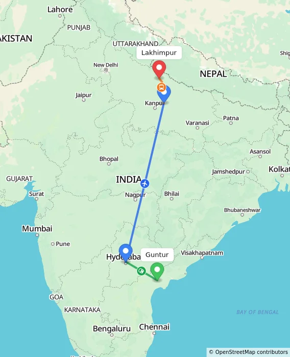 Route map showing distance and travel time from Guntur, India to Lakhimpur, India