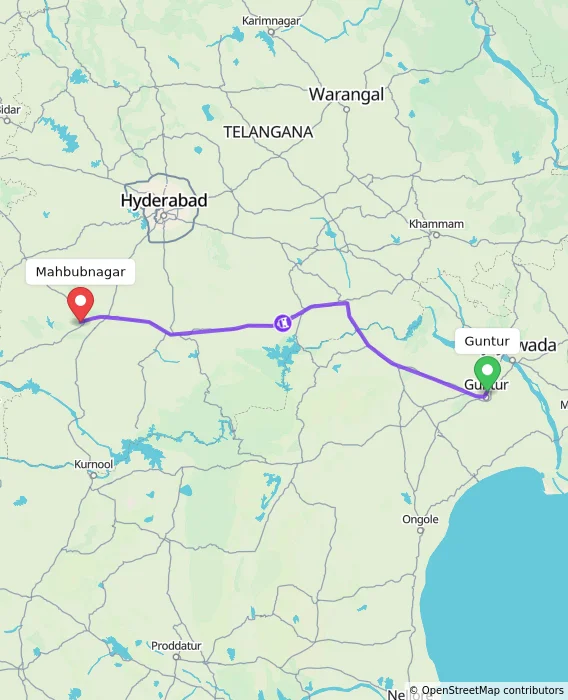 Route map showing distance and travel time from Guntur, India to Mahbubnagar, India