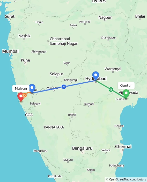 Route map showing distance and travel time from Guntur, India to Malvan, India