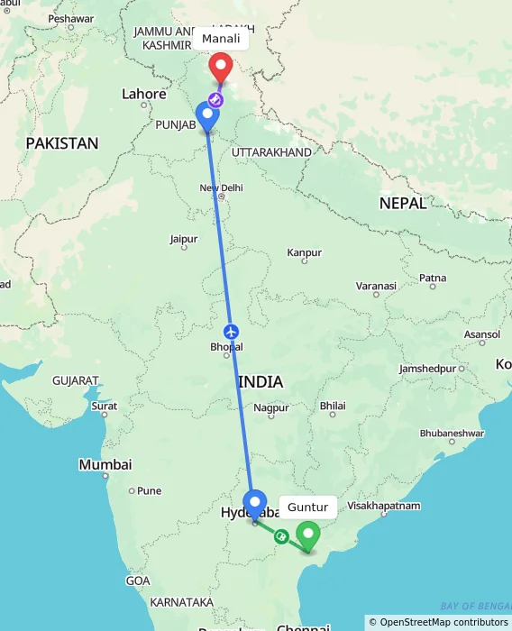 Route map showing distance and travel time from Guntur, India to Manali, India