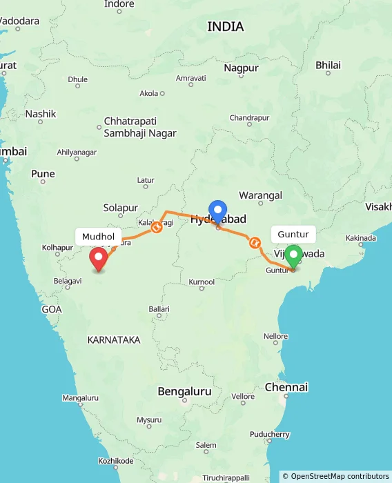 Route map showing distance and travel time from Guntur, India to Mudhol, India