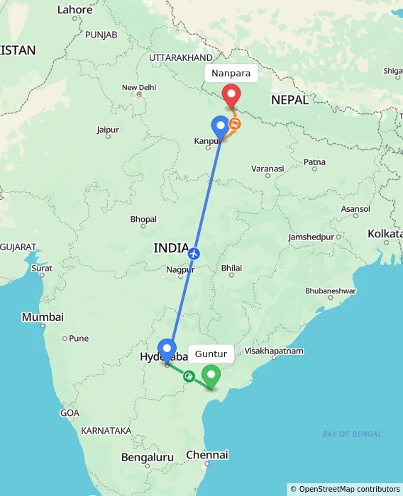 Route map showing distance and travel time from Guntur, India to Nanpara, India