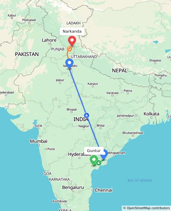 Route map showing distance and travel time from Guntur, India to Narkanda, India