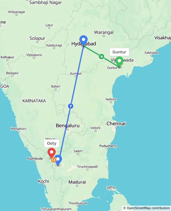 Route map showing distance and travel time from Guntur, India to Ooty, India
